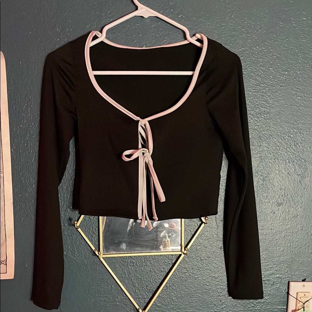 Black Long Sleeve Tie-Front Top